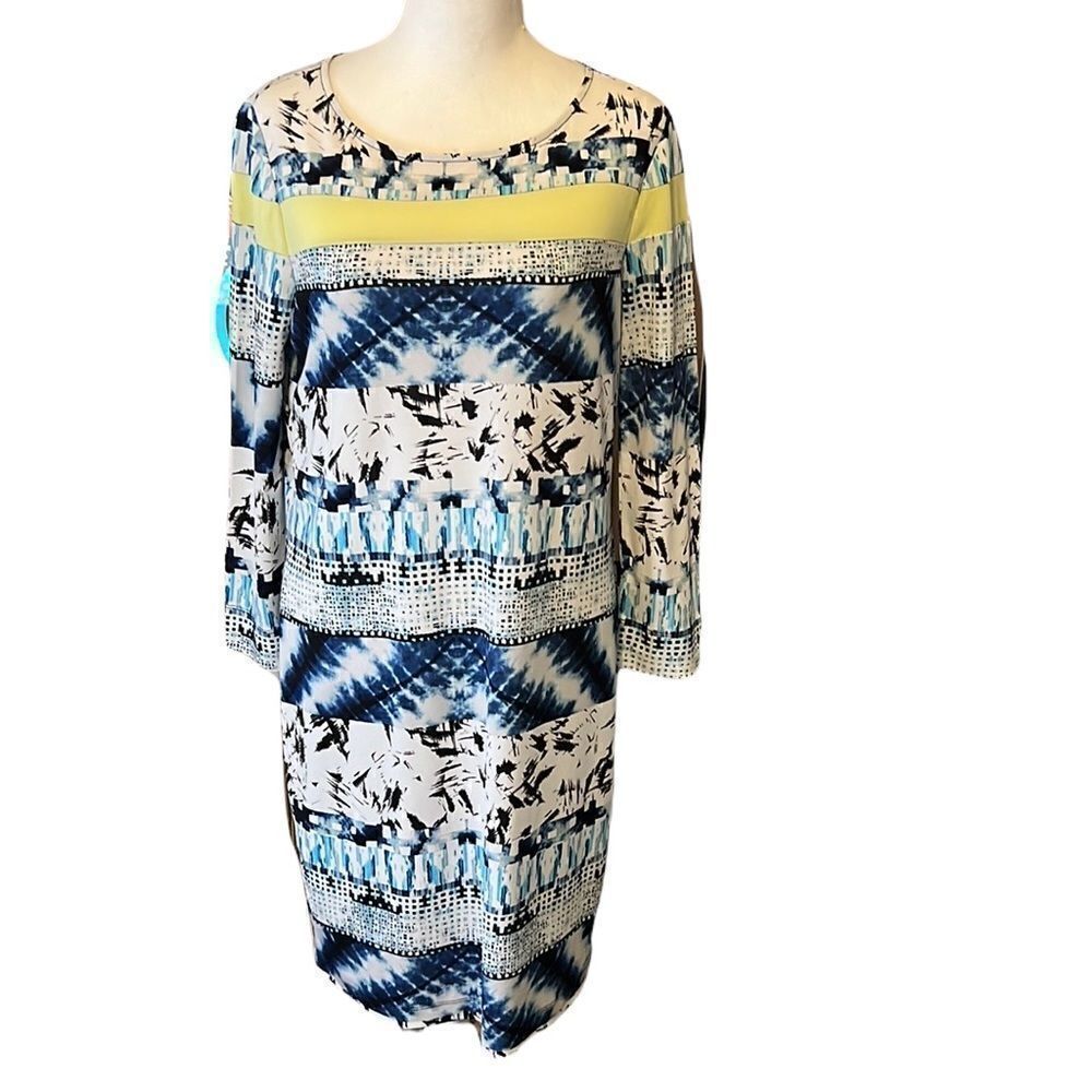 BCBGMaxAzria size S long sleeve blue white yellow print bodycon mini dress EUC
